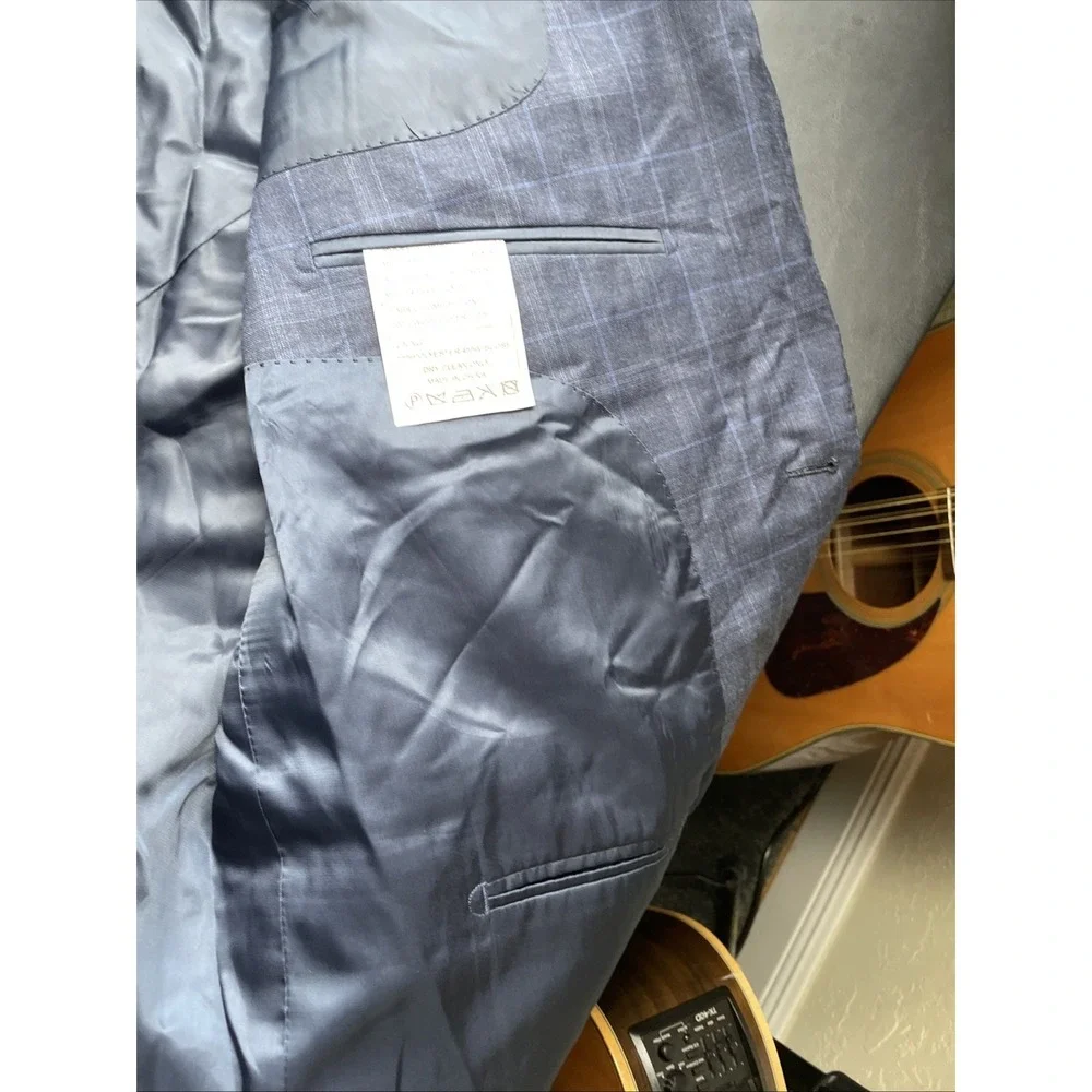 Max Davoli Baroni Suit 48S 100% Wool Super 150s Blue Plaid Pants 42 x 29